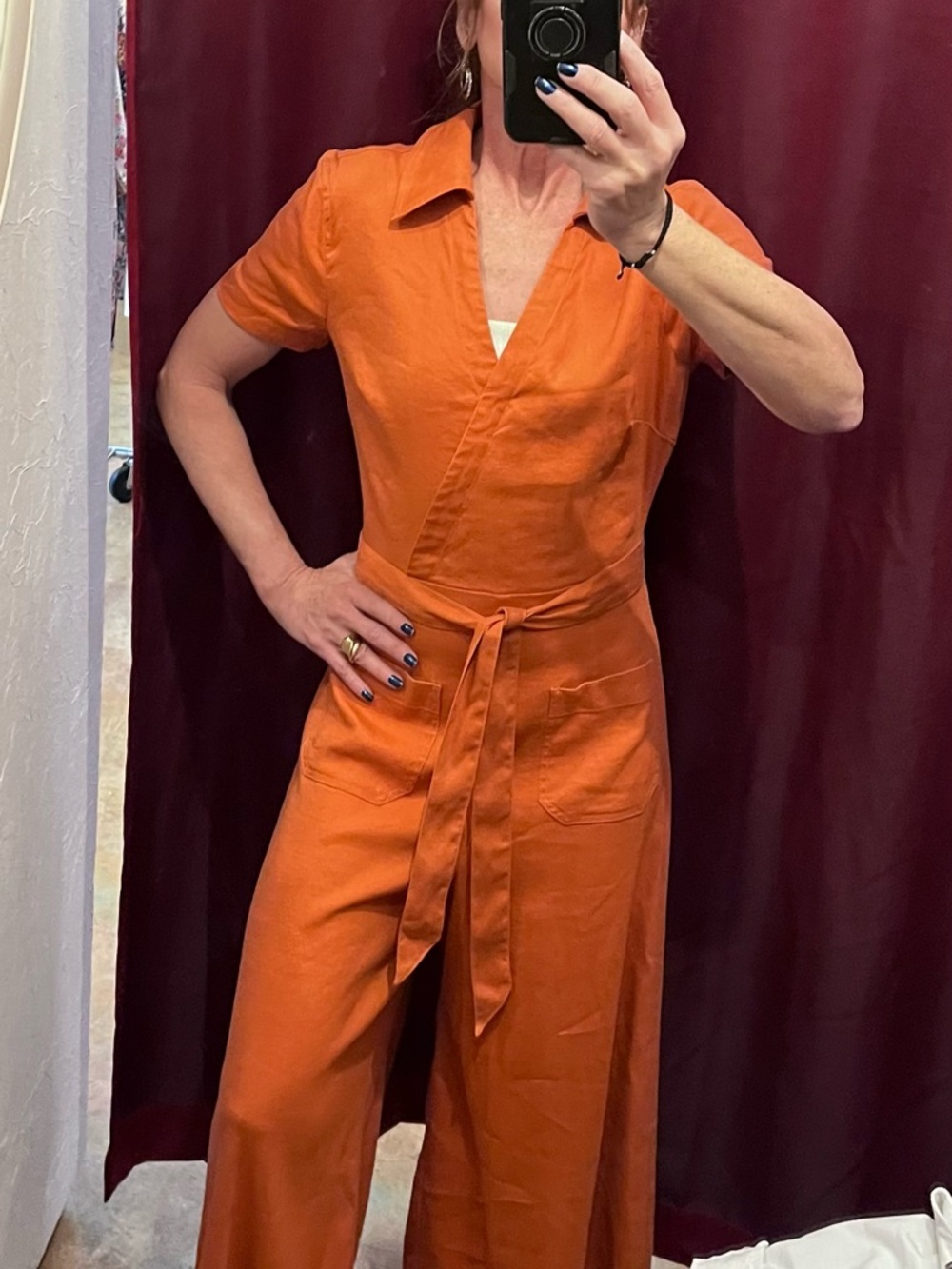 Maeve Burnt Orange Short-Sleeve Wrap Jumpsuit with Self-Tie Waist